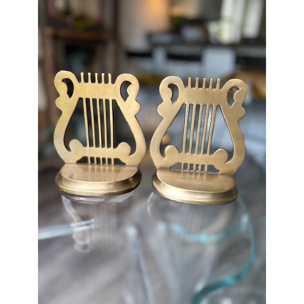 Vintage Harp Lyre Brass Book Ends Musical Symbol Pair Staff Stand Bookends